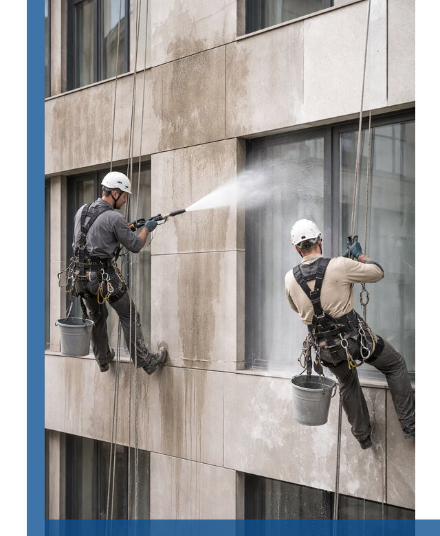 Послестроительная мойка фасада промышленным альпинизмом в Каменске-Уральском