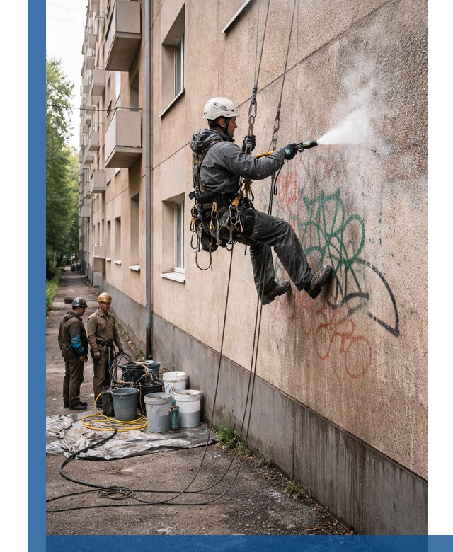 Удаление граффити с фасада в Каменске-Уральском без следов и повреждений