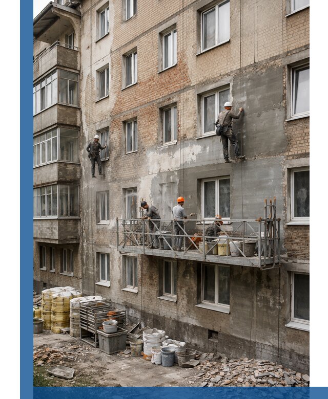 Капитальный ремонт фасада в Каменске-Уральском с восстановлением и гидроизоляцией