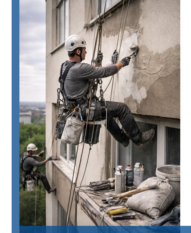Косметический ремонт фасада зданий в Каменске-Уральском промышленными альпинистами