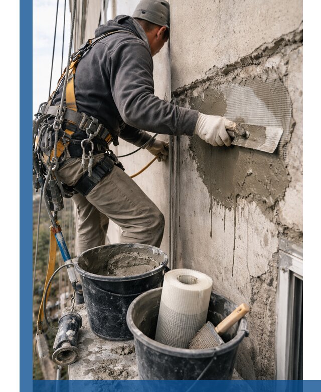 Ремонт бетонных элементов фасада промышленными альпинистами в Каменске-Уральском