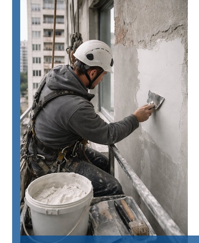 Шпаклевка фасадов на высоте с промальпинистами в Каменске-Уральском