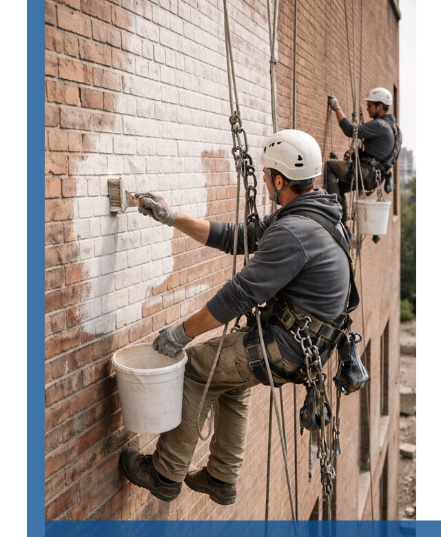 Покраска кирпичного фасада с доступным альпинистским сервисом в Каменске-Уральском