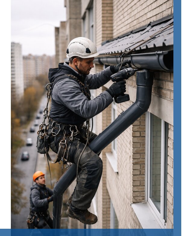 Монтаж водосточной системы на здании в Каменске-Уральском от 5319 р. | ВЫСОТНИК-Кмн