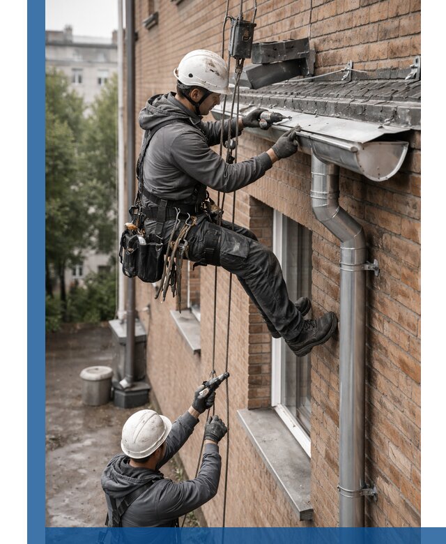 Монтаж водосточной системы на здании в Каменске-Уральском под ключ