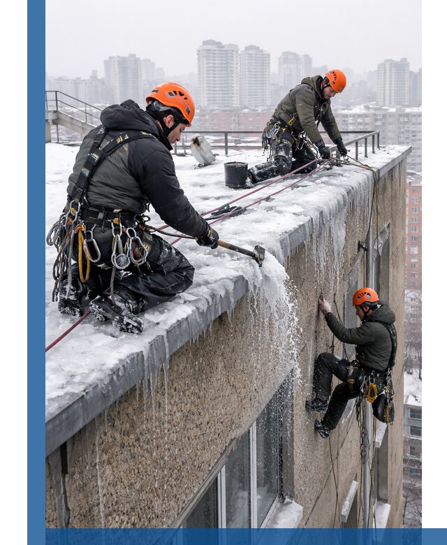Удаление наледи с кровли в Каменске-Уральском промышленными альпинистами