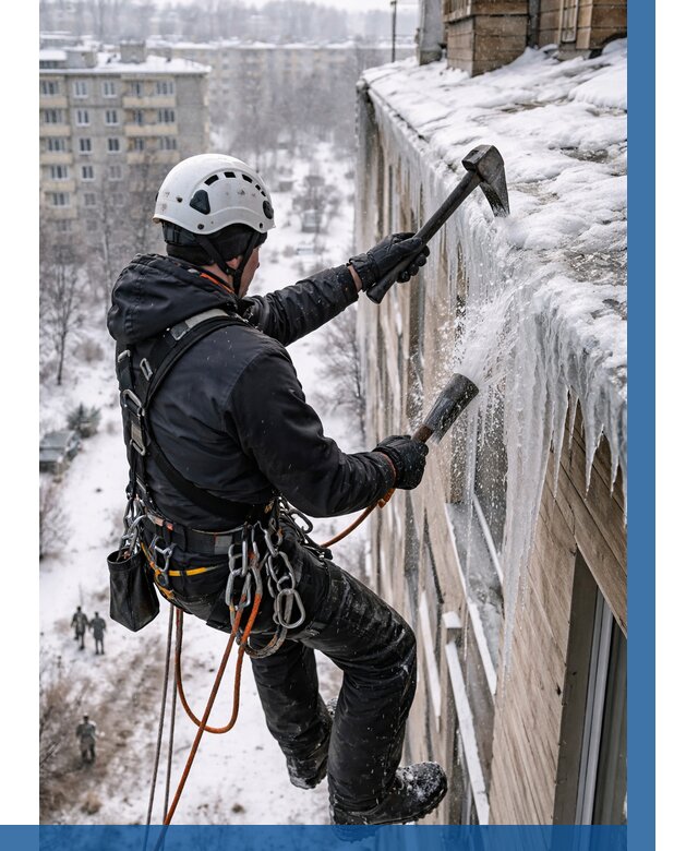 Сбивание сосулек с крыши в Каменске-Уральском по цене от 4787 р. | ВЫСОТНИК-Кмн