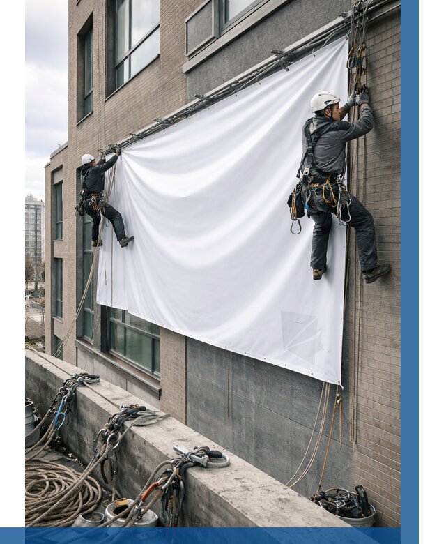 Монтаж баннеров на фасаде в Каменске-Уральском от 691 р. заказать ВЫСОТНИК-Кмн