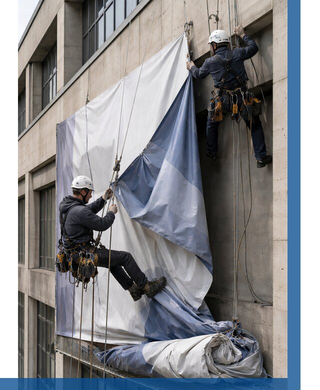 Демонтаж баннеров с фасада в Каменске-Уральском от 4787 р. | ВЫСОТНИК-Кмн