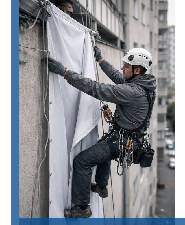 Замена баннерного полотна промышленными альпинистами в Каменске-Уральском