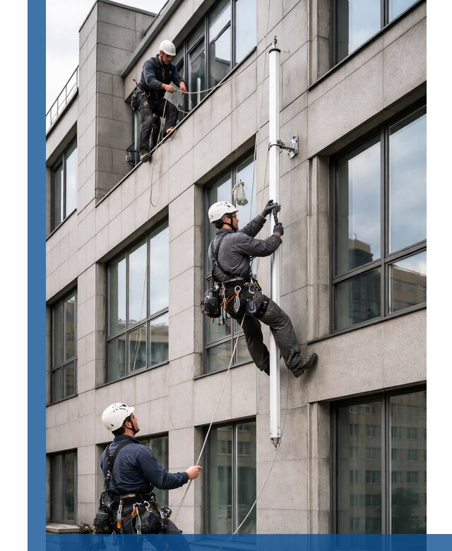 Монтаж флагштока на фасаде здания с креплением и герметикой в Каменске-Уральском