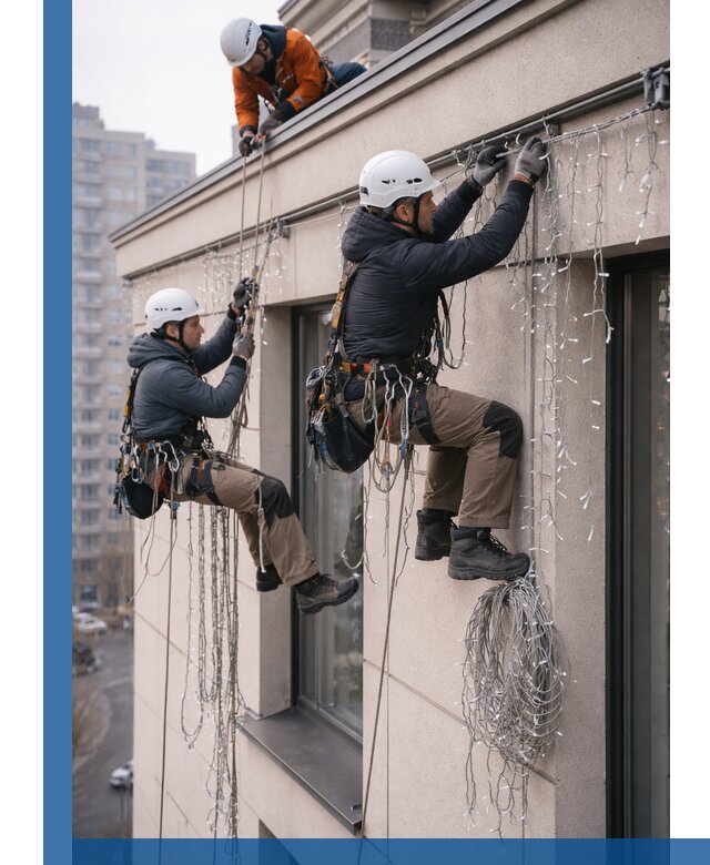 Монтаж праздничных гирлянд на фасаде в Каменске-Уральском для зданий