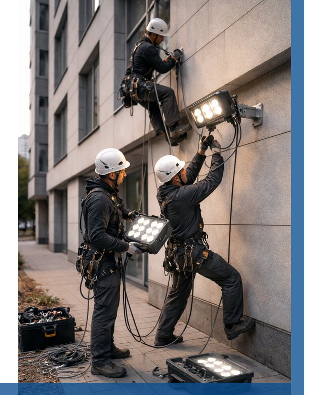 Монтаж прожекторов на фасаде в Каменске-Уральском от 7979 р. | ВЫСОТНИК-Кмн