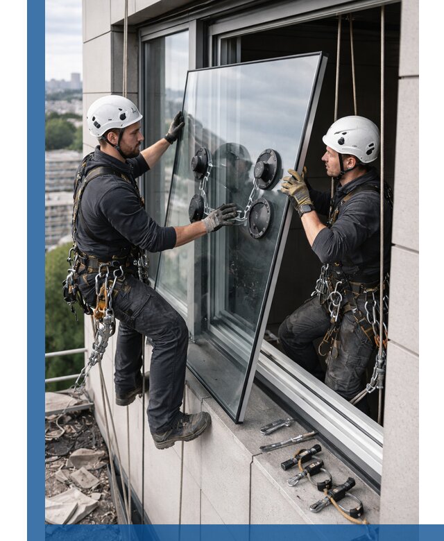 Замена стеклопакетов на высоте с промышленными альпинистами в Каменске-Уральском