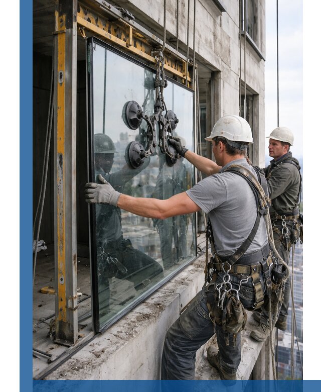 Монтаж стеклопакетов на высоте в Каменске-Уральском с промышленным альпинизмом