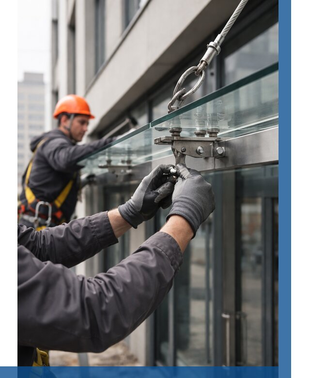 Монтаж стеклянных козырьков в Каменске-Уральском от 9042 р. | ВЫСОТНИК-Кмн