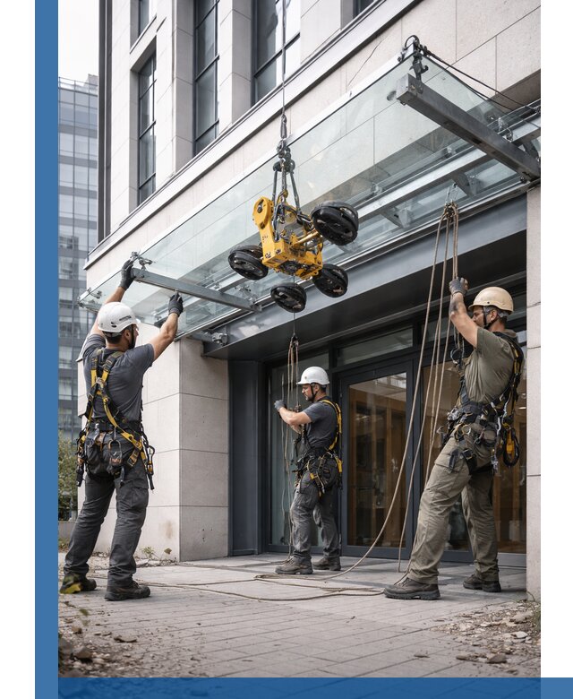 Монтаж стеклянных козырьков под ключ в Каменске-Уральском для зданий