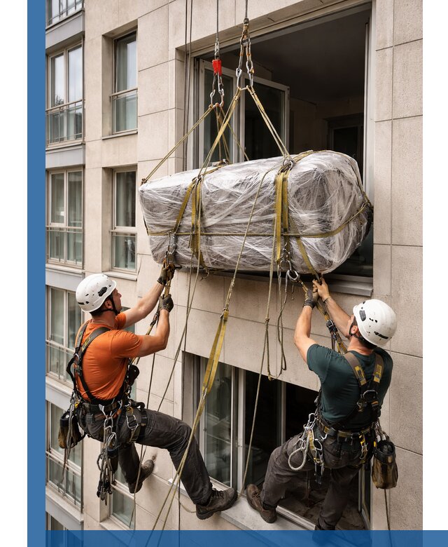 Подъем грузов через окно в Каменске-Уральском промышленными альпинистами