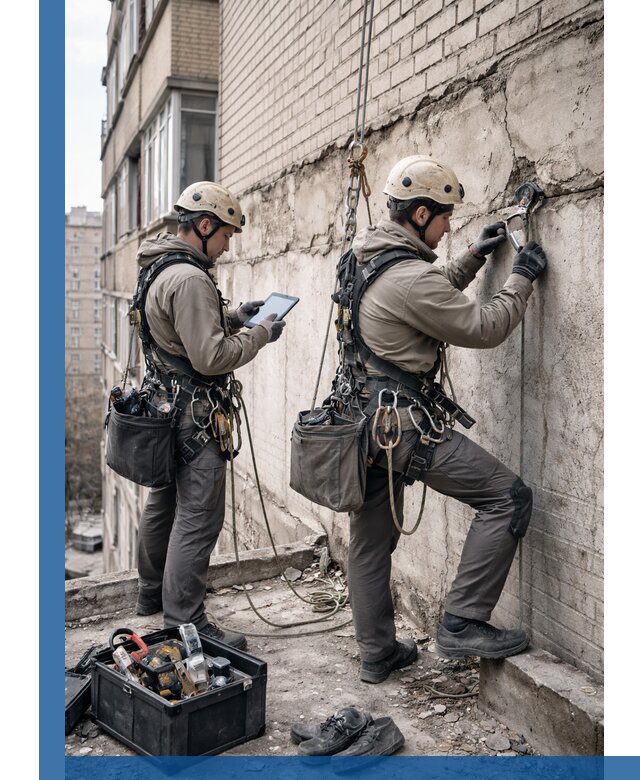 Обследование фасада промышленными альпинистами в Каменске-Уральском